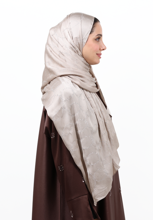 Luxury Muna Satin Embellished Scarf with Strass Detailing (Light Brown / Warm Taupe)