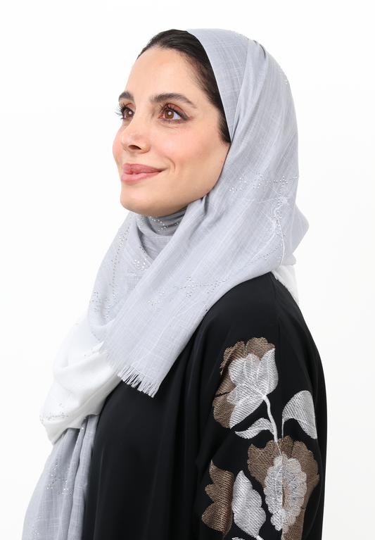 Silver Grey Ombre Textured Hijab Scarf with Crystal Floral Detailing