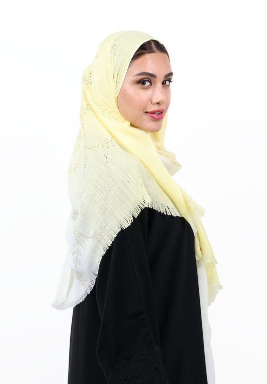 Soft Yellow Ombre Textured Hijab Scarf with Crystal Floral Detailing
