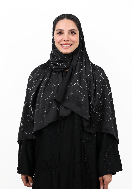 Luxury Muna Satin Embellished Scarf with Strass Detailing (Classic Jet Black)