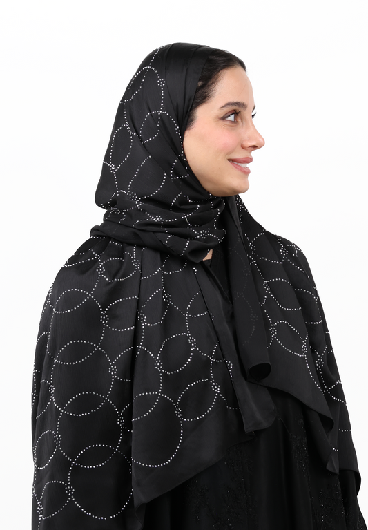 Luxury Muna Satin Embellished Scarf with Strass Detailing (Classic Jet Black)