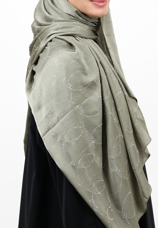 Luxury Muna Satin Embellished Scarf with Strass Detailing (Sage Green / Muted Olive)