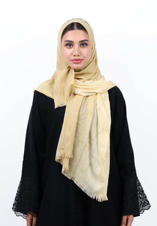 Premium Embellished Slub Cotton Scarf with Vine Crystal Strass (Desert Beige)