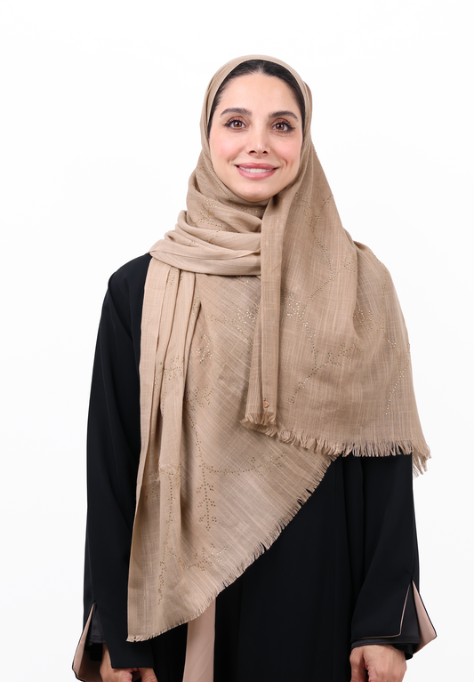 Premium Embellished Slub Cotton Scarf with Vine Crystal Strass (Chestnut Brown)