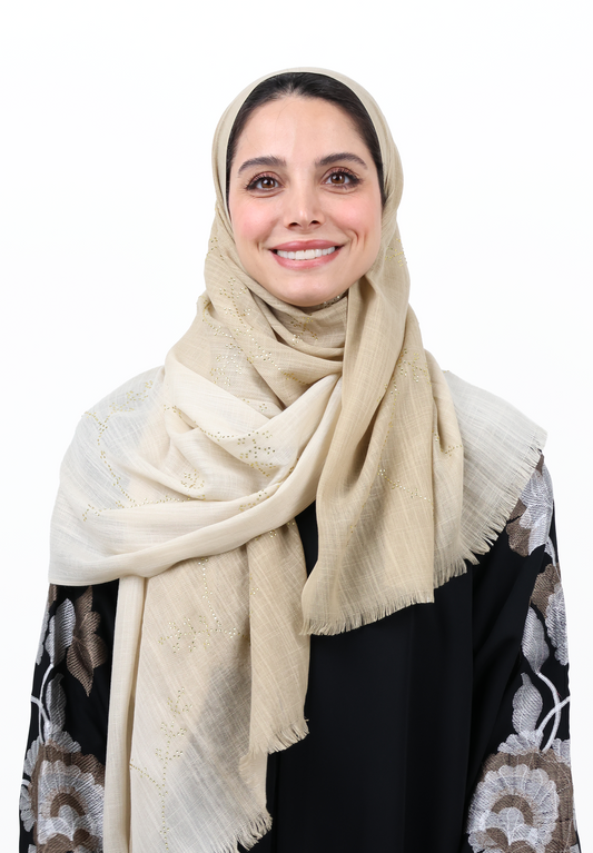 Premium Embellished Slub Cotton Scarf with Vine Crystal Strass (Sand Beige / Soft Taupe)
