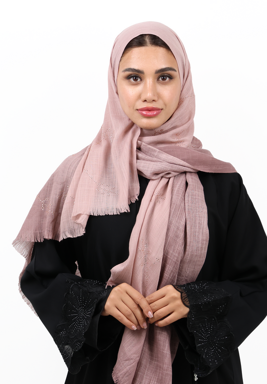 Premium Embellished Slub Cotton Scarf with Vine Crystal Strass (Classic Taupe)