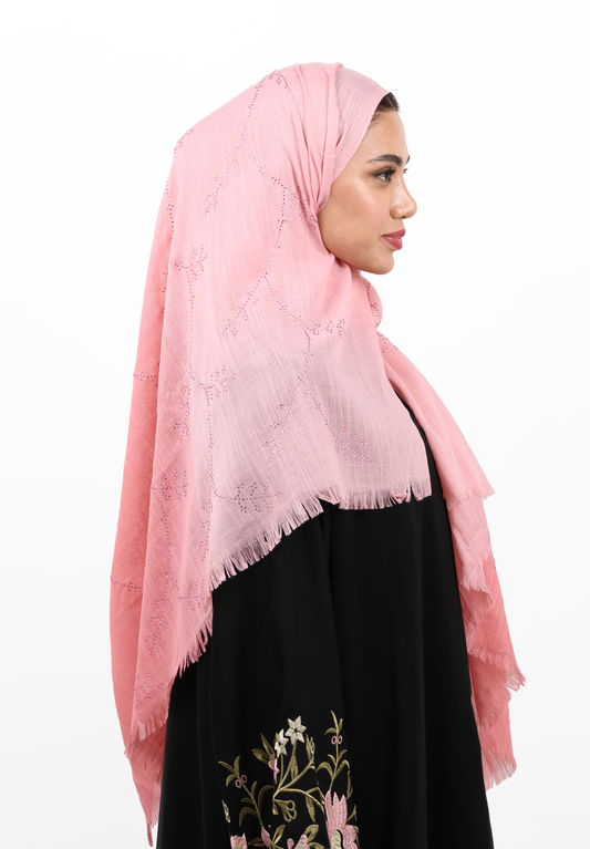 Premium Embellished Slub Cotton Scarf with Vine Crystal Strass (Blush Pink)