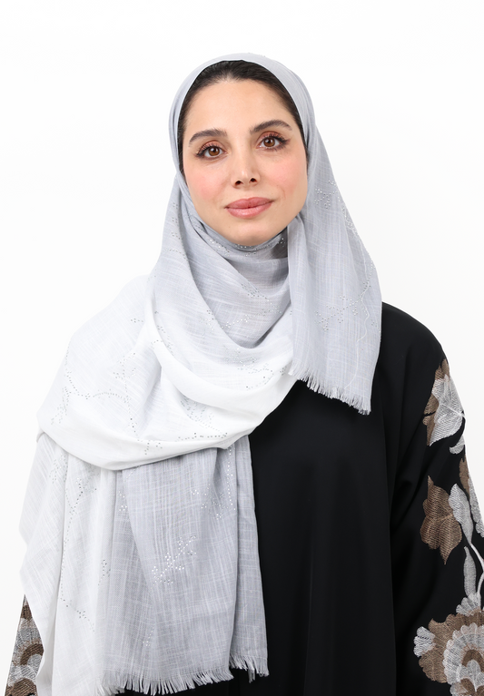 Premium Embellished Slub Cotton Scarf with Vine Crystal Strass (Silver Grey)