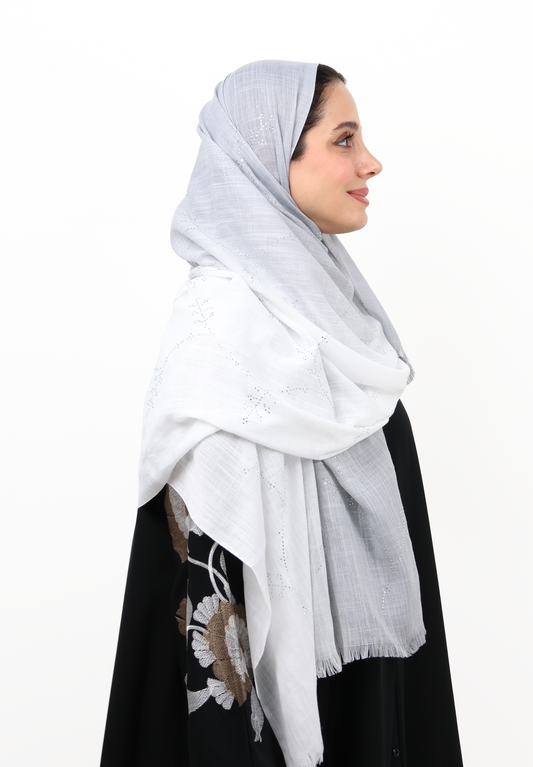 Premium Embellished Slub Cotton Scarf with Vine Crystal Strass (Silver Grey)