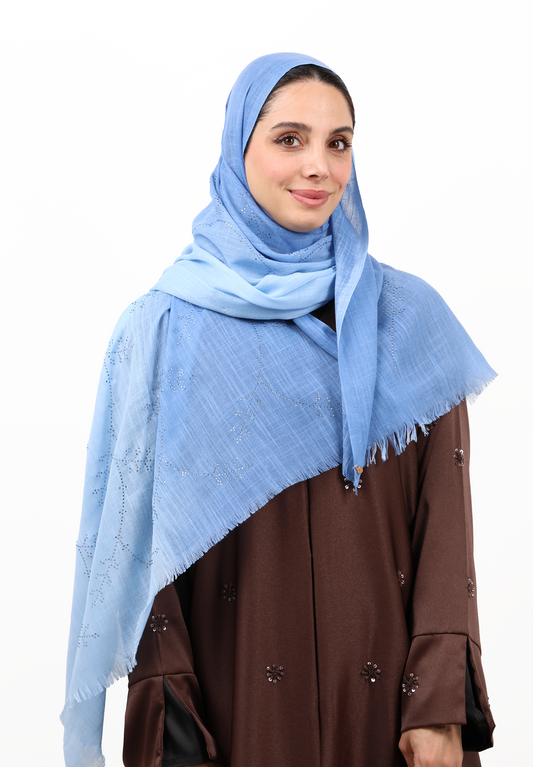 Premium Embellished Slub Cotton Scarf with Vine Crystal Strass (Sky Blue / Soft Denim)
