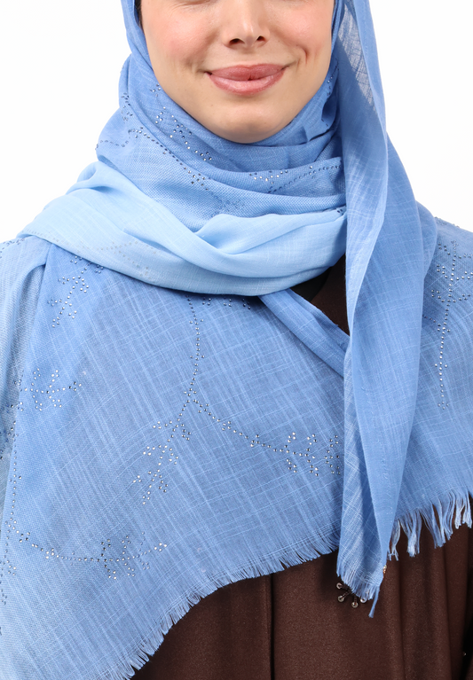 Premium Embellished Slub Cotton Scarf with Vine Crystal Strass (Sky Blue / Soft Denim)