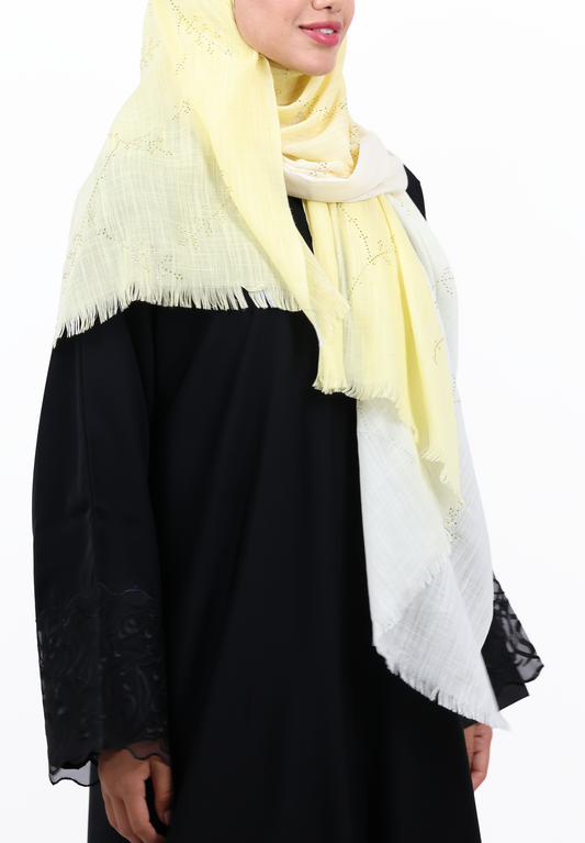 Premium Embellished Slub Cotton Scarf with Vine Crystal Strass (Lemon Yellow / Pale Cream)