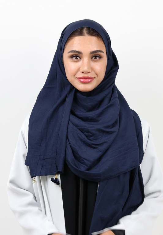 Premium Crinkle Cotton Scarf with Mixed Floral & Pearl Tassels (Navy Blue)