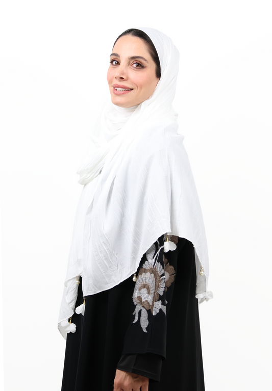 Premium Crinkle Cotton Scarf with Mixed Floral & Pearl Tassels (Pure White)
