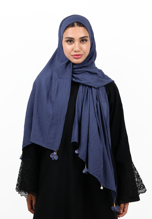 Premium Crinkle Cotton Scarf with Mixed Floral & Pearl Tassels (Slate Blue)
