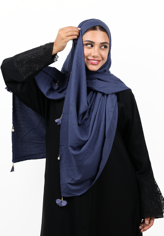 Premium Crinkle Cotton Scarf with Mixed Floral & Pearl Tassels (Slate Blue)