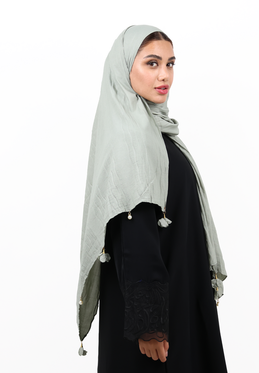 Premium Crinkle Cotton Scarf with Mixed Floral & Pearl Tassels (Sage Green)