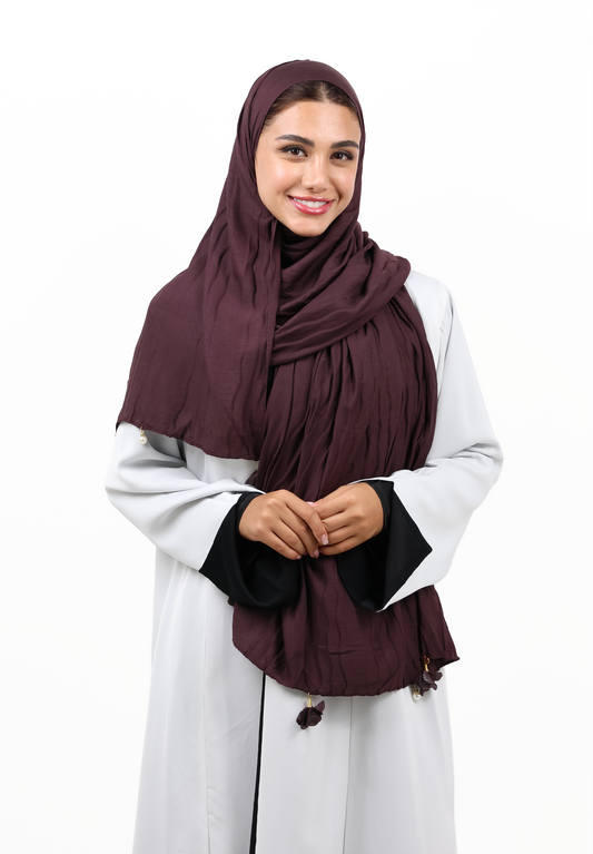Premium Crinkle Cotton Scarf with Mixed Floral & Pearl Tassels (Mahogany Brown)