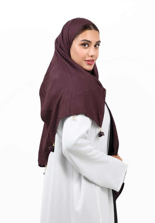 Premium Crinkle Cotton Scarf with Mixed Floral & Pearl Tassels (Mahogany Brown)
