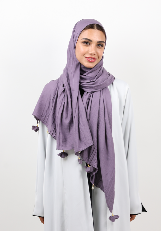 Premium Crinkle Cotton Scarf with Mixed Floral & Pearl Tassels (Dusty Lavender)