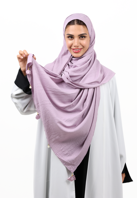 Premium Crinkle Cotton Scarf with Mixed Floral & Pearl Tassels (Soft Lilac)