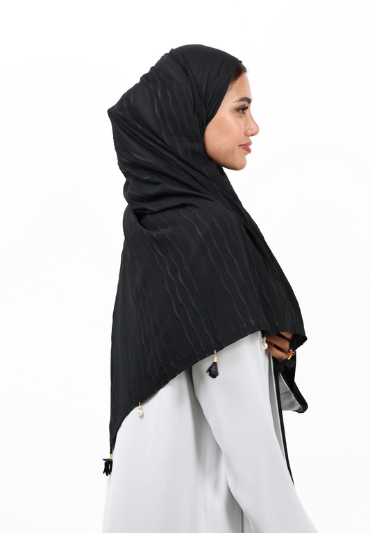 Premium Crinkle Cotton Scarf with Mixed Floral & Pearl Tassels (Midnight Black)