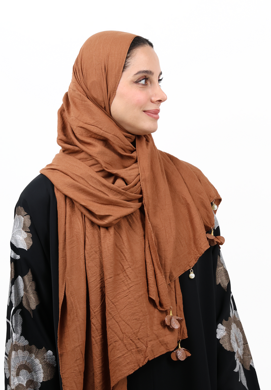 Premium Crinkle Cotton Scarf with Mixed Floral & Pearl Tassels (Rust)