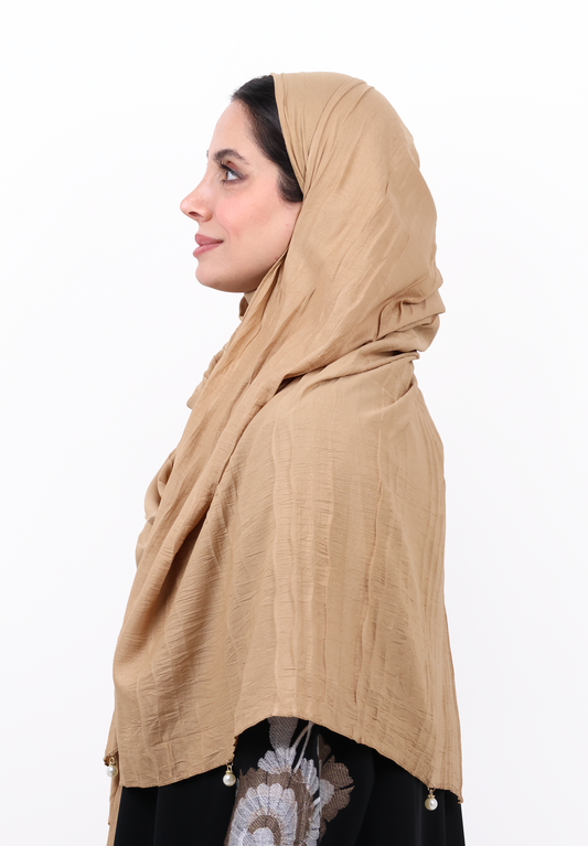 Premium Crinkle Cotton Scarf with Mixed Floral & Pearl Tassels (Soft Camel / Light Brown)