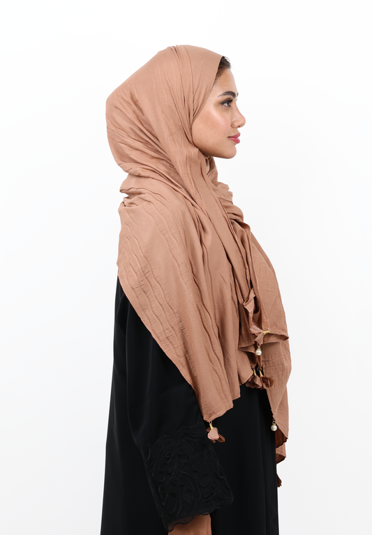 Premium Crinkle Cotton Scarf with Mixed Floral & Pearl Tassels (Soft Terracotta)