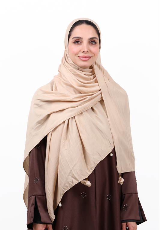 Premium Crinkle Cotton Scarf with Mixed Floral & Pearl Tassels (Sandy Beige)