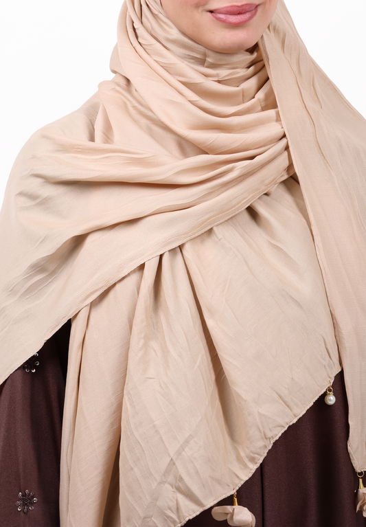 Premium Crinkle Cotton Scarf with Mixed Floral & Pearl Tassels (Sandy Beige)