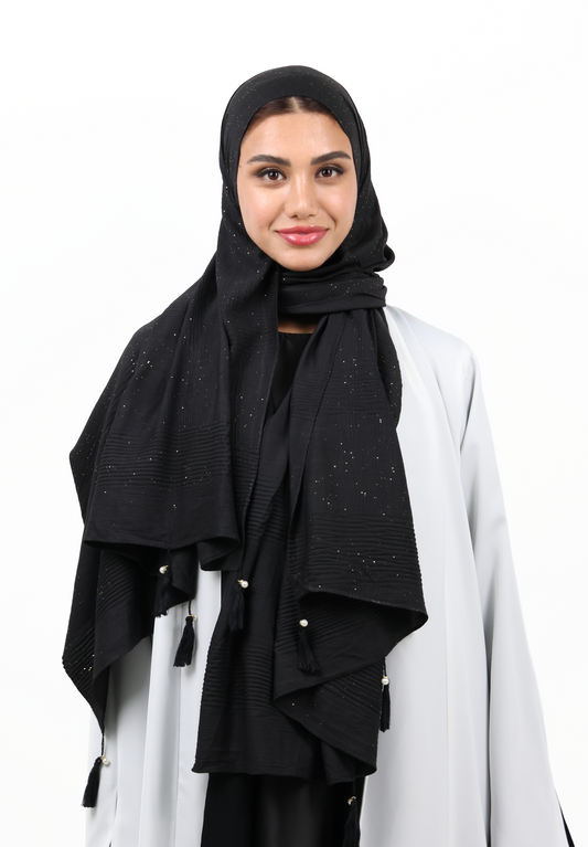 Premium Shimmer Crinkle Cotton Scarf with Thread & Pearl Tassels (Midnight Gold)