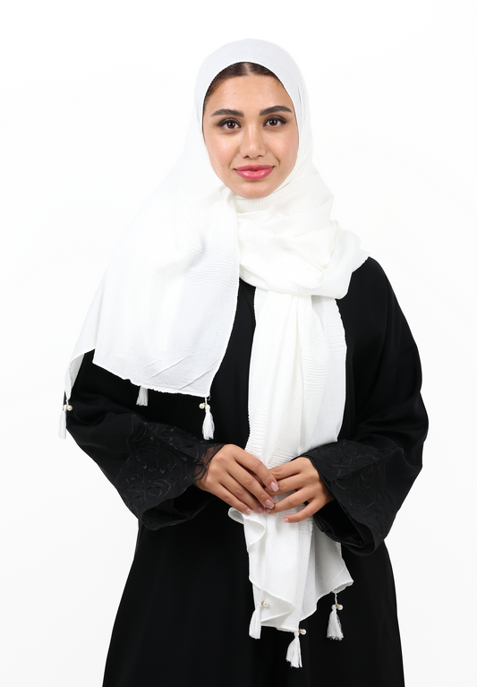 Premium Shimmer Crinkle Cotton Scarf with Thread & Pearl Tassels (Snow Gold)