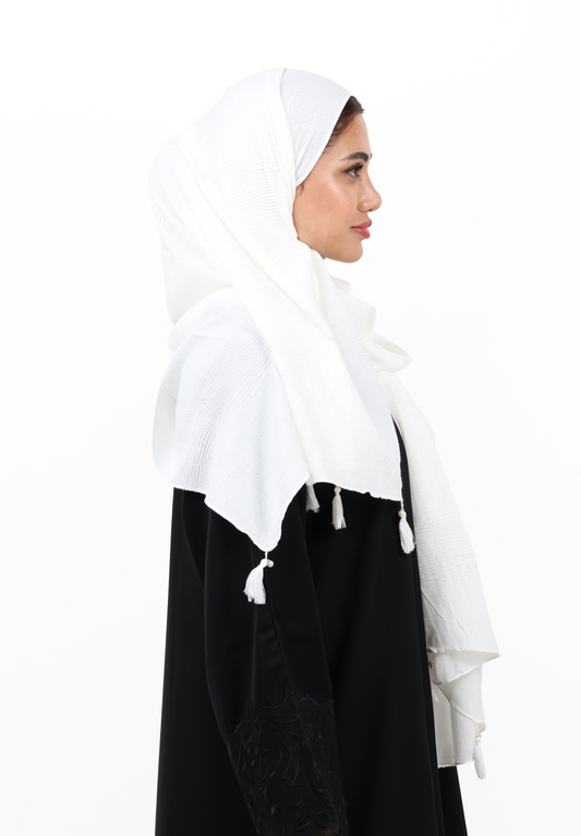 Premium Shimmer Crinkle Cotton Scarf with Thread & Pearl Tassels (Snow Gold)