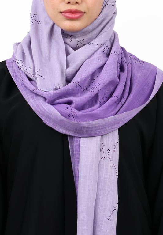 Lavender and Purple Ombre Hijab Scarf with Crystal Floral Detailing