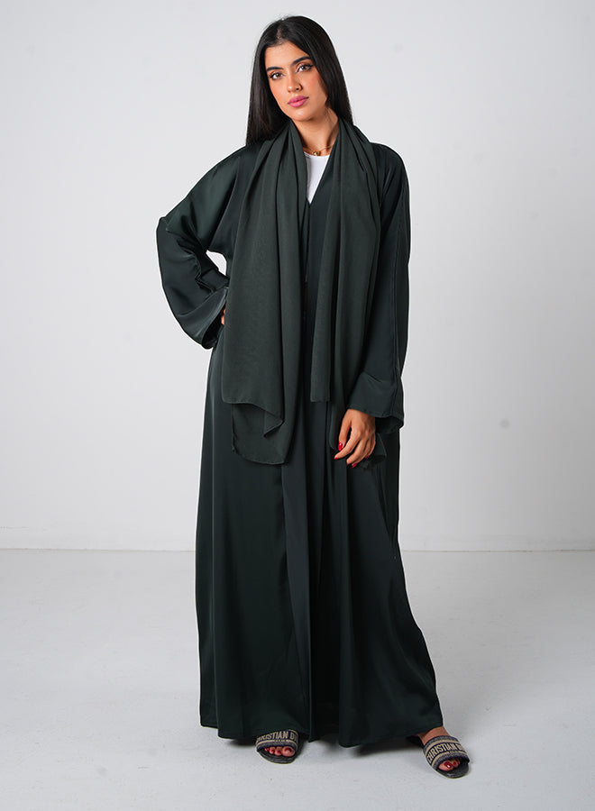 Dark Green Classic Open Abaya with Inner, Belt & Hijab – Elegant Modest Wear for Women