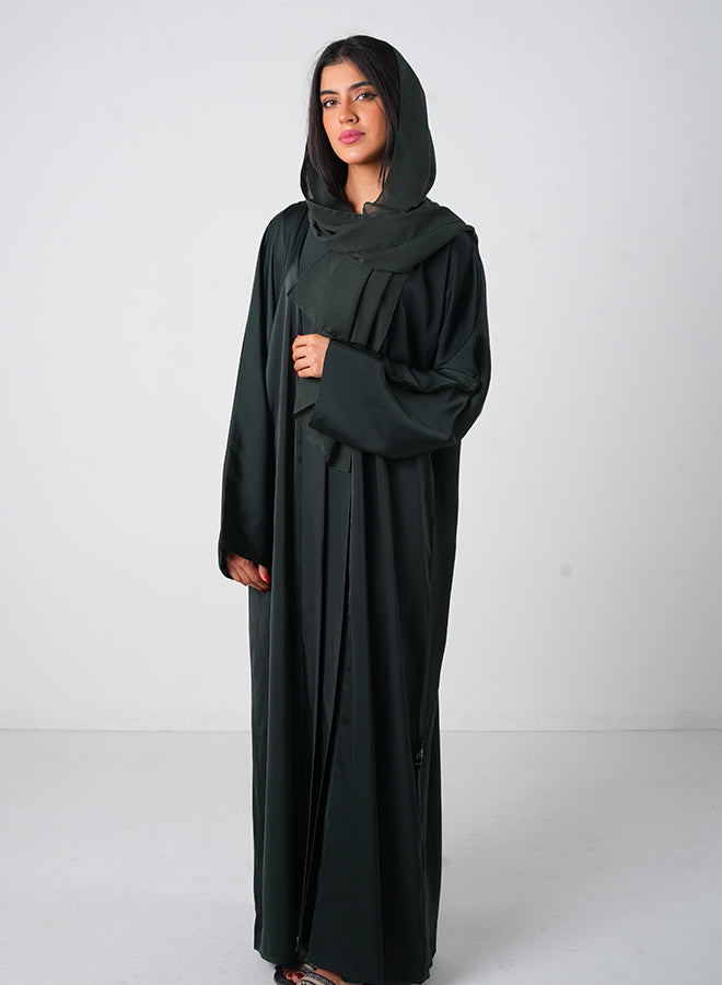 Dark Green Classic Open Abaya with Inner, Belt & Hijab – Elegant Modest Wear for Women