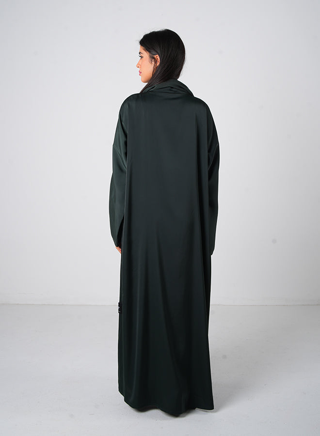 Dark Green Classic Open Abaya with Inner, Belt & Hijab – Elegant Modest Wear for Women