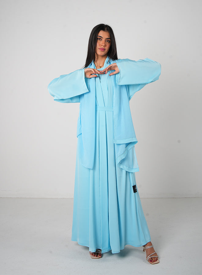 Sky Blue Classic Open Abaya (3pcs Set Inner, Belt & Hijab)