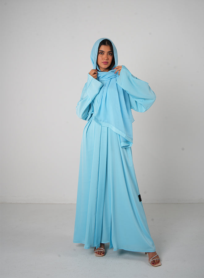 Sky Blue Classic Open Abaya (3pcs Set Inner, Belt & Hijab)