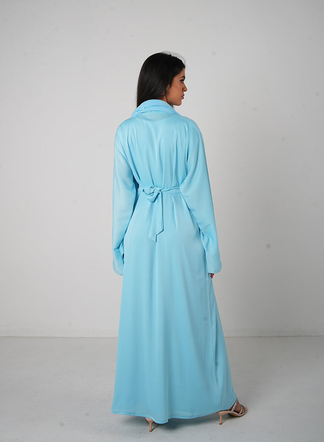 Sky Blue Classic Open Abaya (3pcs Set Inner, Belt & Hijab)