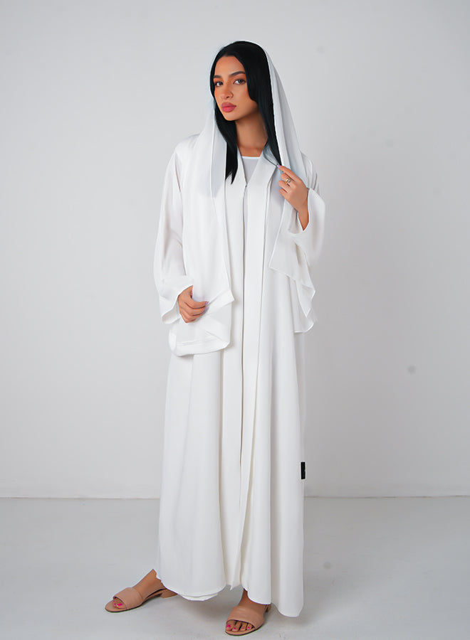 White Classic Open Abaya (3pcs Set Inner, Belt & Hijab)