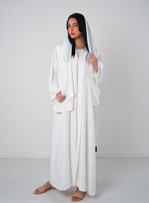 White Classic Open Abaya (3pcs Set Inner, Belt & Hijab)