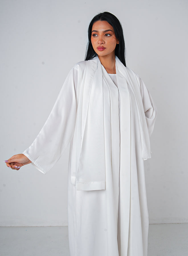 White Classic Open Abaya (3pcs Set Inner, Belt & Hijab)