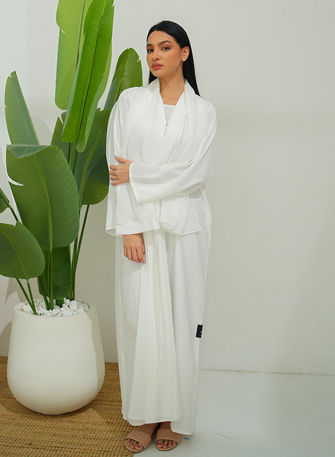 White Classic Open Abaya (3pcs Set Inner, Belt & Hijab)