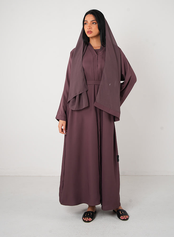 Purple Classic Open Abaya (3pcs Set Inner, Belt & Hijab)