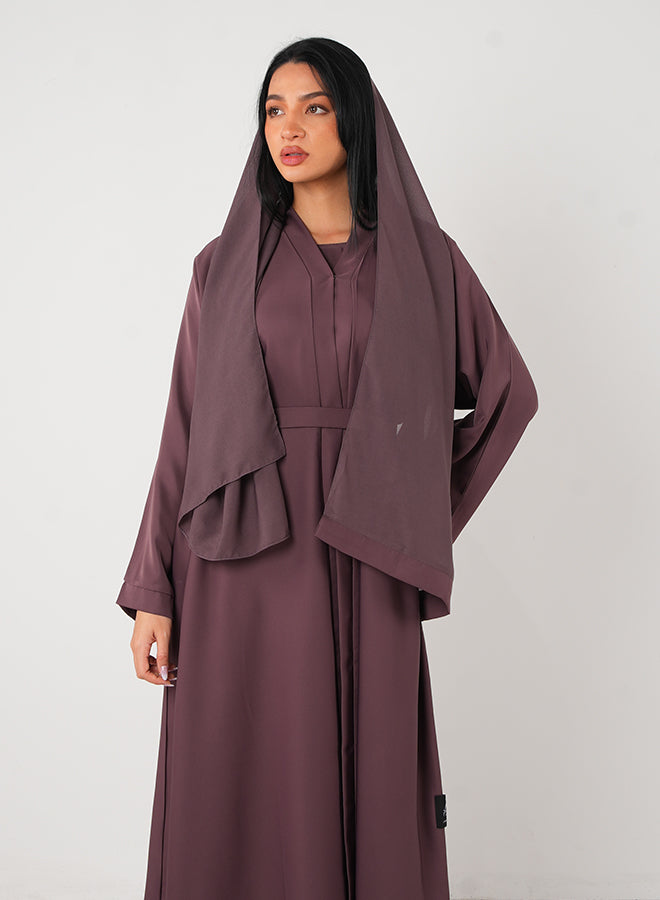 Purple Classic Open Abaya (3pcs Set Inner, Belt & Hijab)