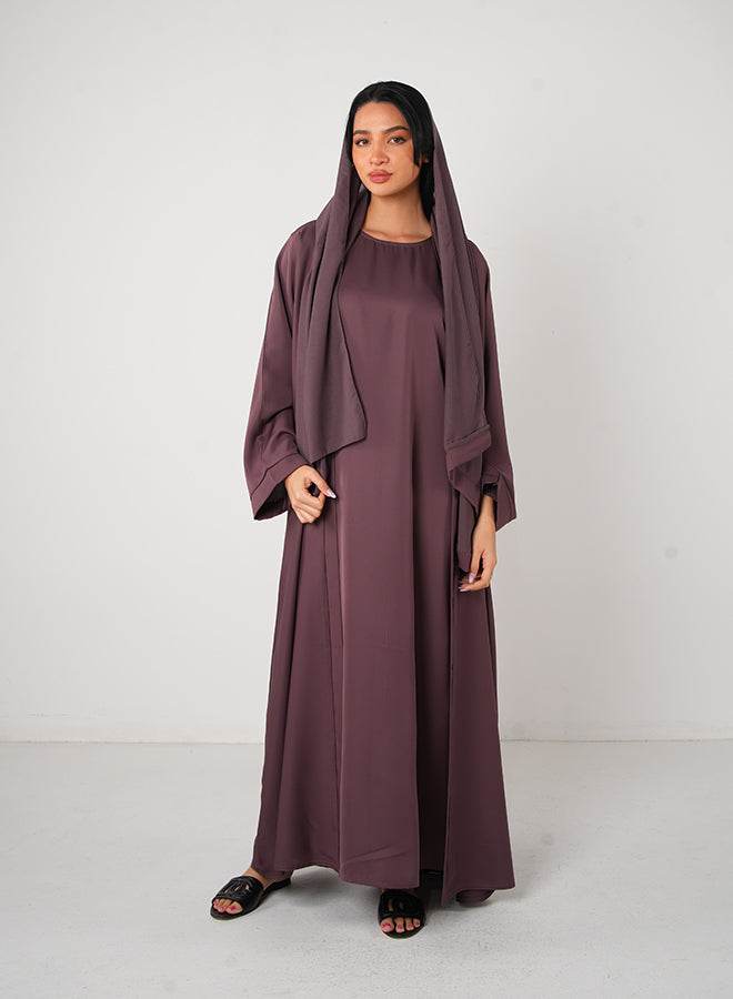 Purple Classic Open Abaya (3pcs Set Inner, Belt & Hijab)