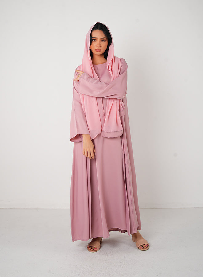 Jameela Baby Pink Classic Open Abaya – 3-Piece Set with Inner, Belt & Hijab for Modest Fashion