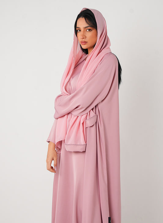 Jameela Baby Pink Classic Open Abaya – 3-Piece Set with Inner, Belt & Hijab for Modest Fashion